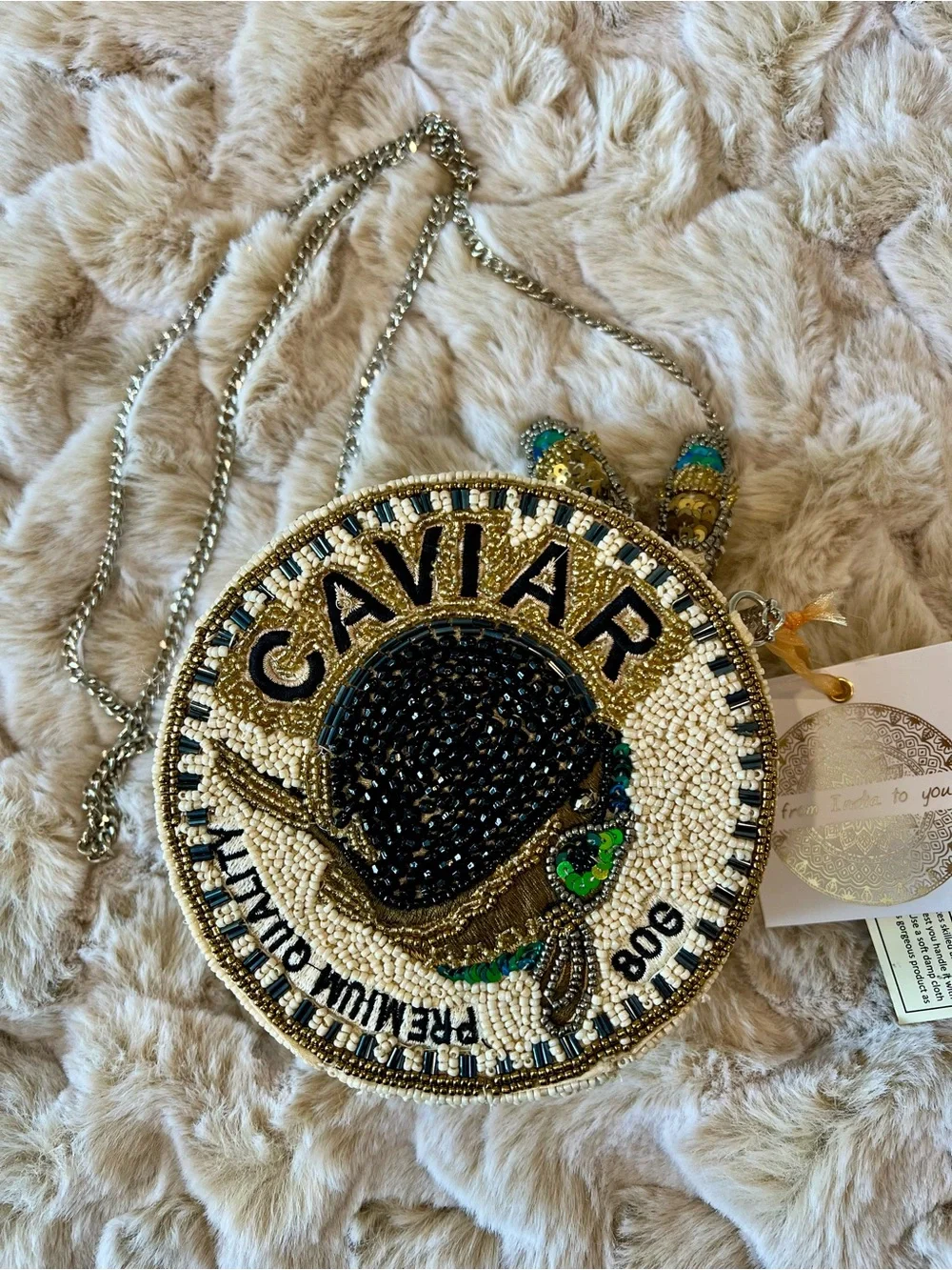 Beaded 'Caviar' Round Crossbody Bag - Gold, Black & Cream